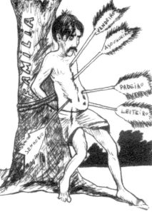 O pobre chefe de família amarrado ao tronco de seu martírio, lanceado de traspassantes setas, mal tem forças de murmurar: — O preço da vida... Mas, para quem apelar?