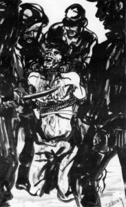 Pintura de T. Gaudenzi. Os prisioneiros eram amarrados, depois eventrados e degolados.